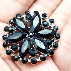 Black Rhinestone Flower Brooch Pendant  Silver Tone Pin Marquis Navette Timeless
